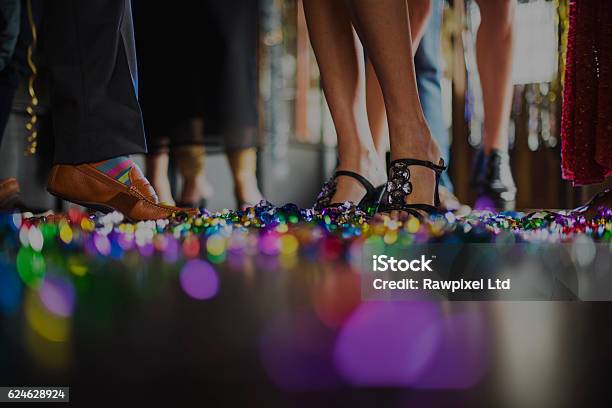 Human Leg Dance Hall Party Recreation Concept Stock Photo - Download Image Now - Dance Floor, Confetti, Adult