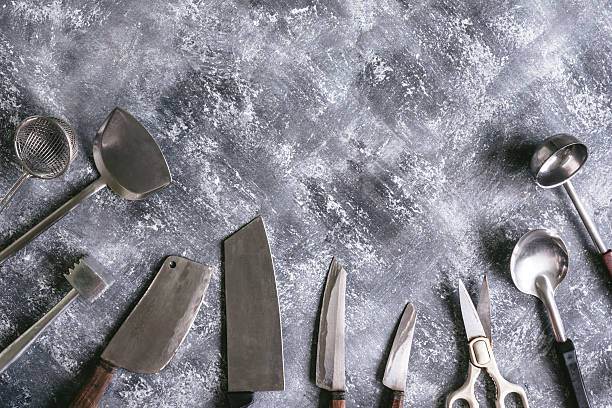 istock Kitchen utensils on gray grunge background. 624631026