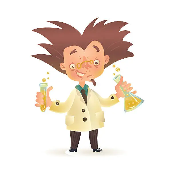 Vector illustration of Mad professor in lab coat holding chemical flask, test tube