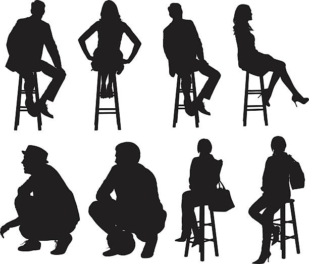 People sitting on stool and crouching vector art illustration