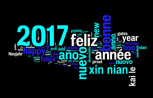 2017 greeting card on black background, new year translated in many languages