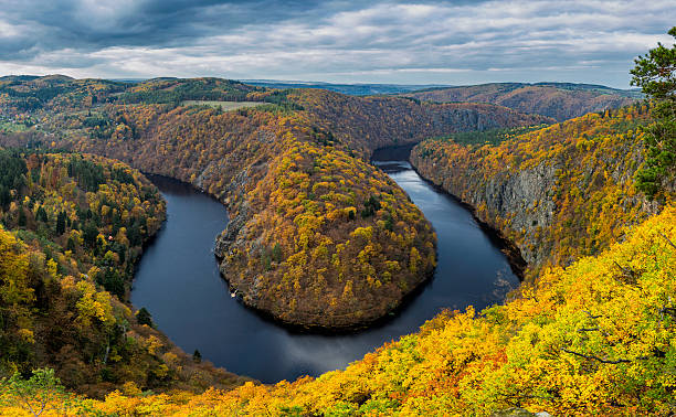 istock Vltava river horseshoe shape meander from Maj viewpoint, Czech Republic 624653942