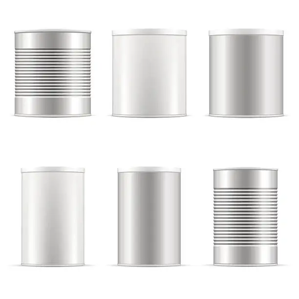 Vector illustration of Tin can collection. White containers with plastic cap and metal.