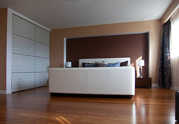 istock Modern contemporary apartment bedroom interior design after bamboo floors renovation 624671946