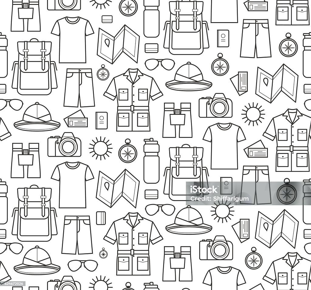 Vector seamless pattern of safari planning Vector icons pattern of safari, planning a summer vacation, tourism and journey objects and passenger luggage Pith Helmet stock vector