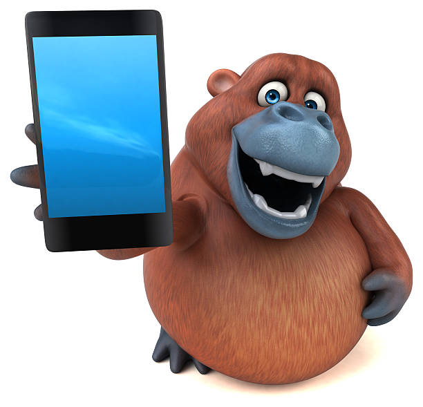 zabawa orangutan - ilustracja 3d - telephone chimpanzee monkey on the phone zdjęcia i obrazy z banku zdjęć