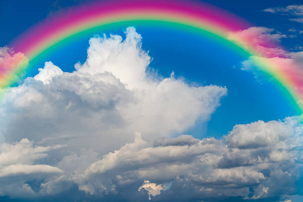 istock Blue sky and white cloud with sun light and rainbow 624676458
