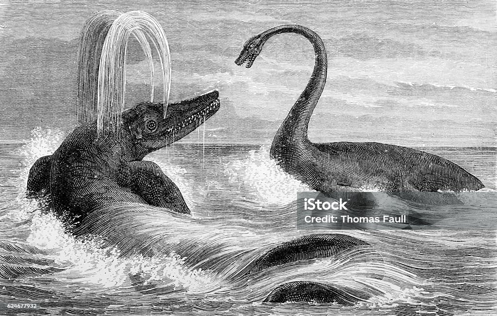 Fight between a Ichthyosaurus and a Plesiosaurus dinosuars Fight between a Ichthyosaurus and a Plesiosaurus dinosaur  from an 1895 antique book "Moses and Geology" by The Rev Samuel Kinns. Loch Ness Monster Stock Photo