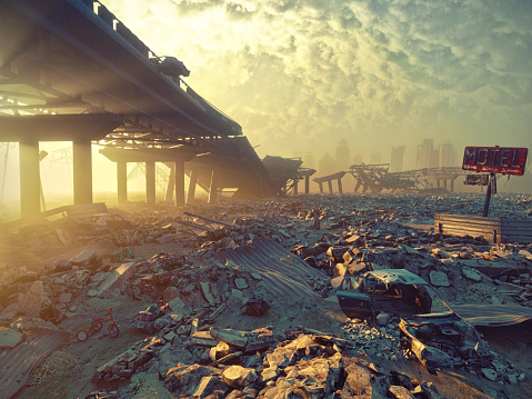 Ruins of a city. Apocalyptic landscape.3d illustration concept