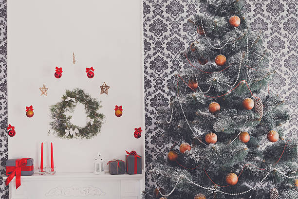 istock Beatiful christmas decorated tree in modern interior, holiday concept 624680012