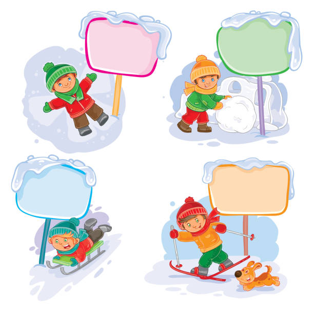 ilustrações de stock, clip art, desenhos animados e ícones de set vector winter icons with little children - balloon child winter snow