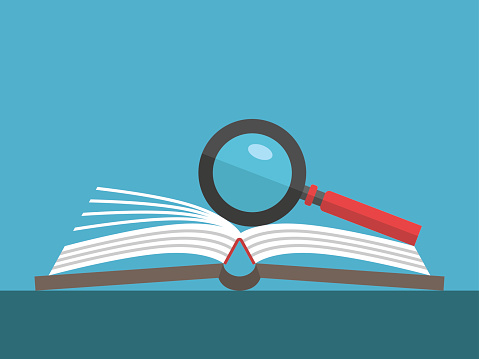 Magnifying glass on open book lying on table on blue background. Education, reading, knowledge and search concept. Flat design. Vector illustration. EPS 8, no transparency