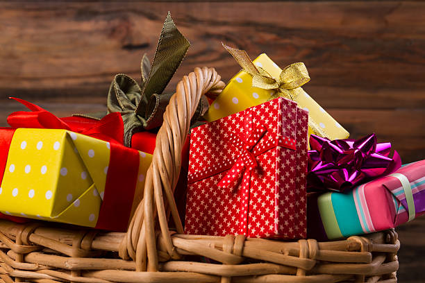 istock Wicker basket with gifts. 624681686