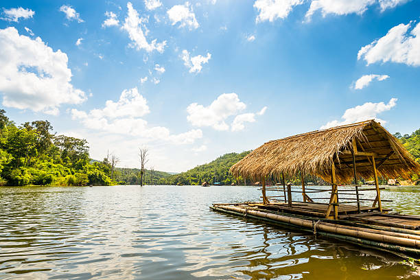 istock Bamboo raft, floating house in lake 624684088