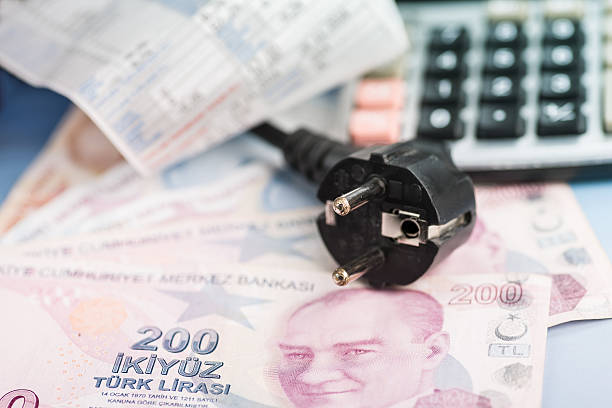 concept of expensive energy bill and turkish lira - cheep imagens e fotografias de stock