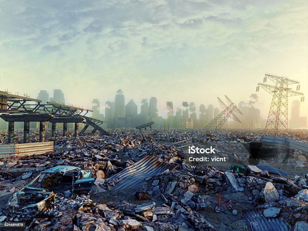 ruins of a city Ruins of a city. Apocalyptic landscape.3d illustration concept Ruined Stock Photo