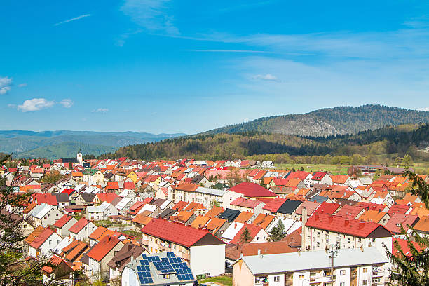 istock Panoramic view of Croatian town Delnice, Gorski Kotar in spring 624696340