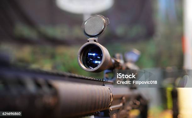 Scoped Rifle In Army Shop Stock Photo - Download Image Now - Sniper, Gun, Crosshair