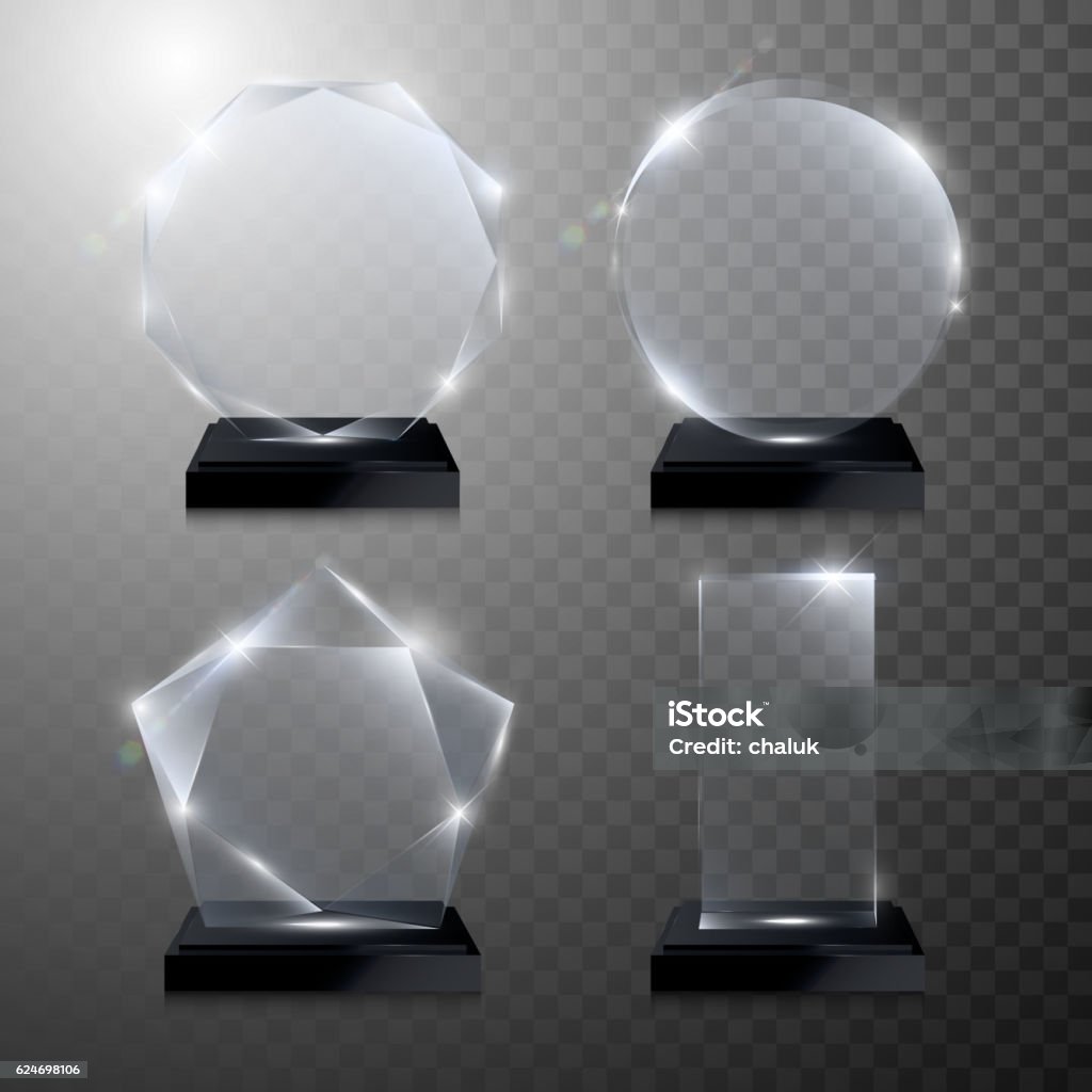 Glass trophy award. Vector crystal 3D transparent Glass trophy awards set. Vector crystal 3D transparent award mockup with pedestal on gray background. Glass acrylic prize round circle model for engraving. Round circle, square, octagonal, star shape Trophy - Award stock vector
