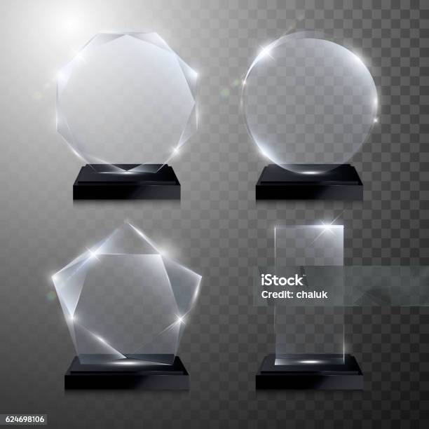 Glass Trophy Award Vector Crystal 3d Transparent Stock Illustration - Download Image Now - Trophy - Award, Circle, Glass - Material
