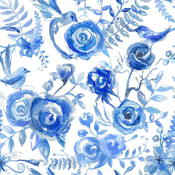 Floral watercolor pattern, texture with flowers and birds. Seaml
