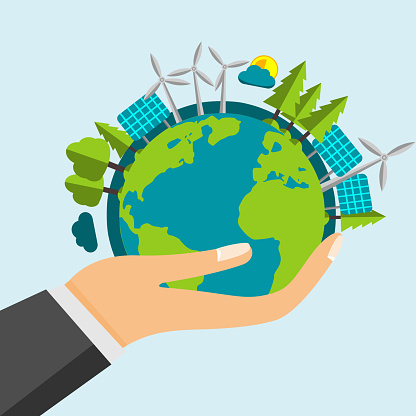 Open Cartoon Hand Holding The Planet Earth Filled With Green Nature And Renewable Energy Sources - Windmills and Solar Panels