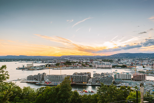 Magnificent view to Oslo and its surroundings during sunset.