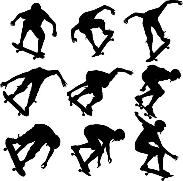 ilustrações de stock, clip art, desenhos animados e ícones de set ilhouettes a skateboarder performs jumping. vector illustration - skateboarding skateboard silhouette teenager