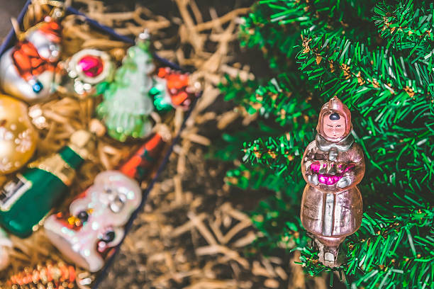 istock Box with vintage glass Christmas decorations view from above wit 624710988