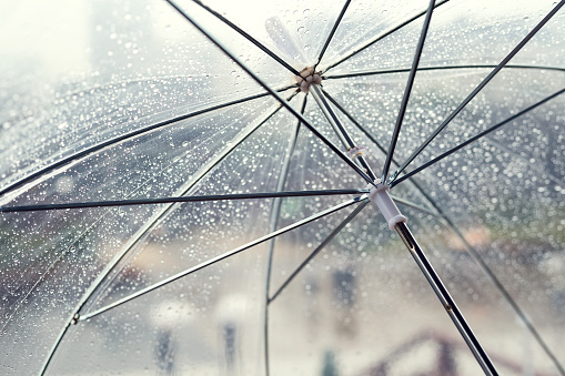 Raindrops on transparent umbrella