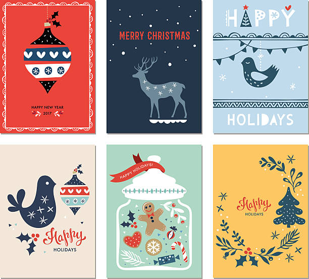 Christmas Greeting Cards Set Winter Holidays cards with New Year tree, dove, jar, gingerbread men, Christmas ornaments and deer. Vector illustration. clothing hang tags stock illustrations