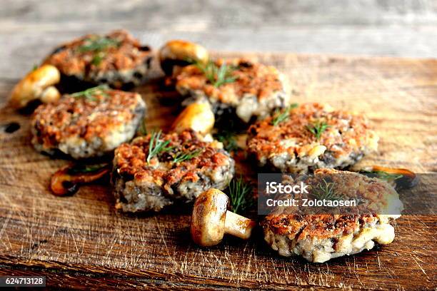 Fried Mushroom Cutlets Stock Photo - Download Image Now - Burger, Mushroom, Vegetarian Food