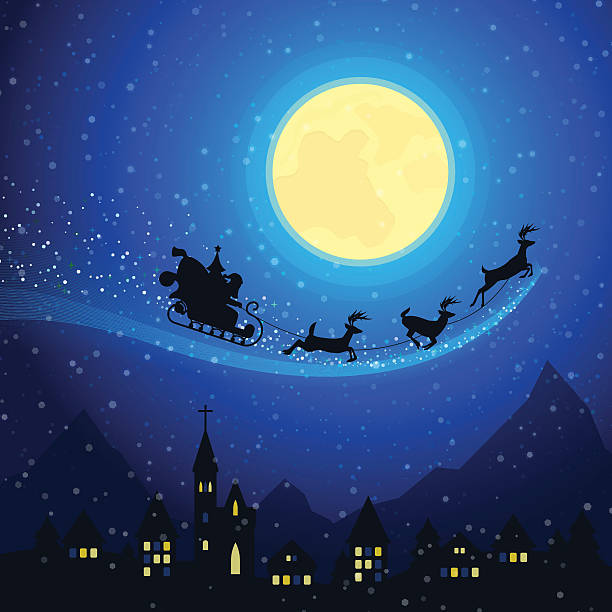 istock Christmas Town Mountain Landscape with Santa Claus Sleigh 624713954
