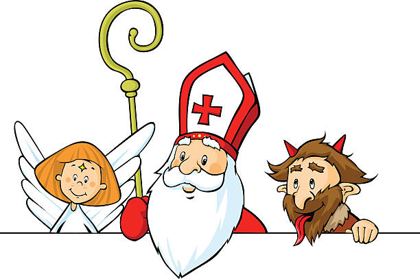 Saint Nicholas, devil and angel peeking out vector art illustration