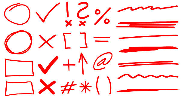 учитель рука обращается исправления, установленные в красном с элементами шрифта - communication red symbol pattern stock illustrations