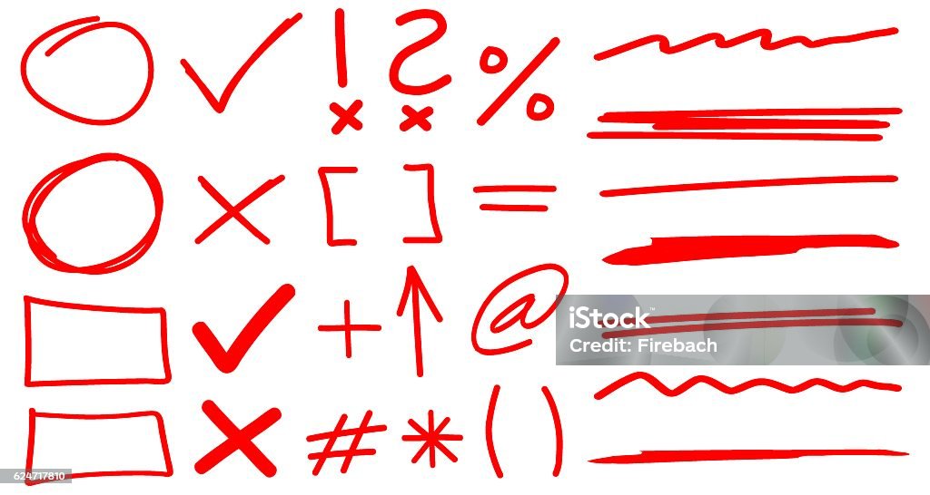 Teacher Hand Drawn Corrections Set in Red With Font Elements Teacher Hand Drawn Corrections Set in Red With Font Elements & Arrows Felt Tip Pen stock vector