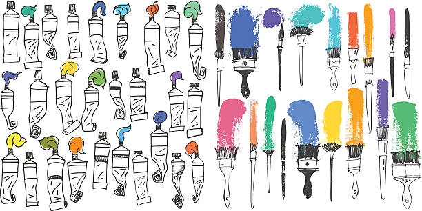 art brushes and oil colors tubes collection set artistic tools. - boya illüstrasyonlar stock illustrations