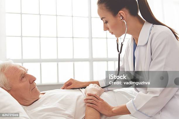 Old Man In Hospital Stock Photo - Download Image Now - Doctor, General - Military Rank, Listening
