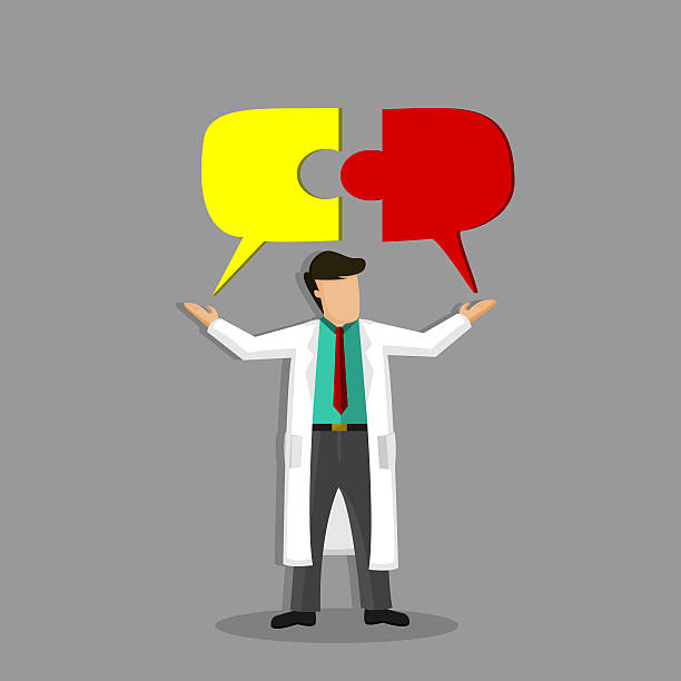 illustrazioni stock, clip art, cartoni animati e icone di tendenza di medico moderno che tiene pezzi di puzzle in bilico per un dialogo di successo - healthcare and medicine communication doctor puzzle