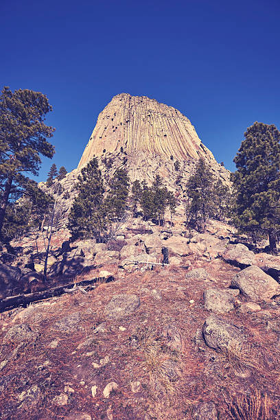 Vintage toned photo of Devils Tower, top attraction in Wyoming State, USA.
