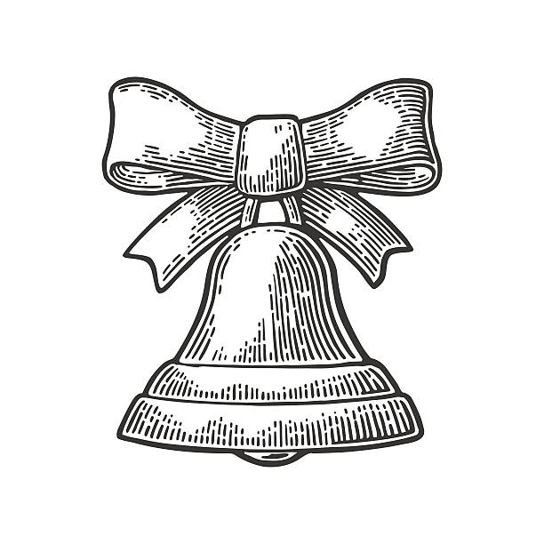 ilustraciones, imágenes clip art, dibujos animados e iconos de stock de campana de navidad con arco. grabado vintage - bell handbell christmas holiday