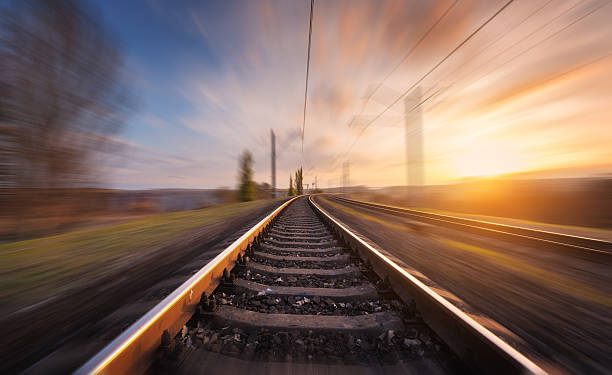 istock Railroad in motion at sunset. Blurred railway station 624739378