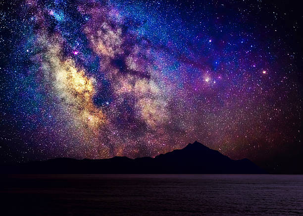 Milky way above Athos, Greece. Starry sky night