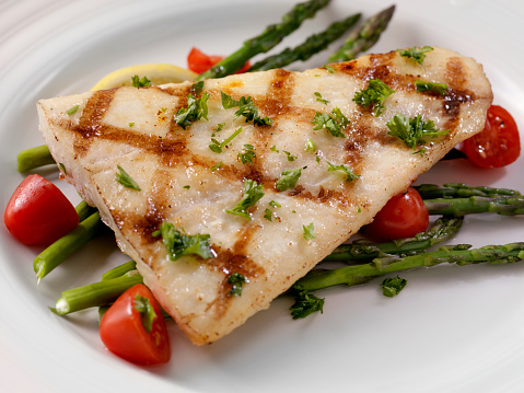 Grilled Halibut with Asparagus and Tomatoes - Photographed on Hasselblad H3D2-39mb Camera