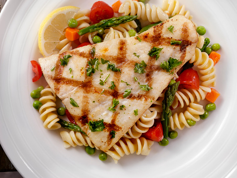 Grilled Halibut with Rotini Primavera - Photographed on Hasselblad H3D2-39mb Camera
