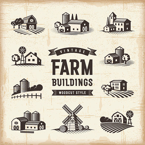 ilustraciones, imágenes clip art, dibujos animados e iconos de stock de conjunto de edificios de granjas vintage - farm barn