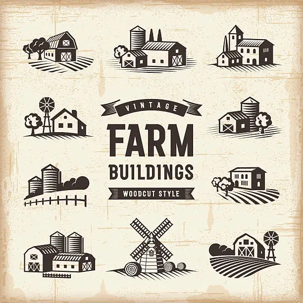 Vector illustration of Vintage Farm Buildings Set