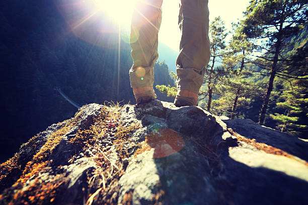 successful hiker enjoy the sunrise at the himalaya mountains