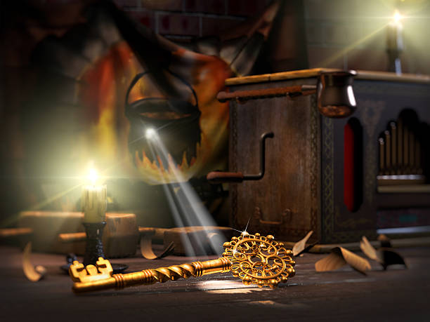 Golden key 3D illustration of fairy tale of Golden key and Buratino or Pinnocchio hurdy gurdy stock pictures, royalty-free photos & images