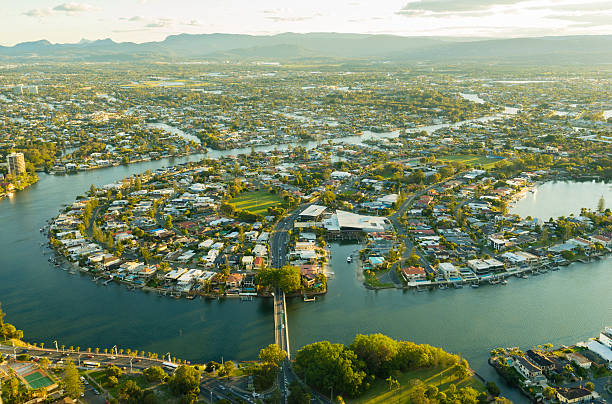 istock Aerial view of waterfront houses during sunset 624745862